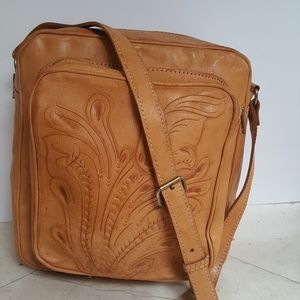 HAND TOOLED LEATHER TOTE BAG